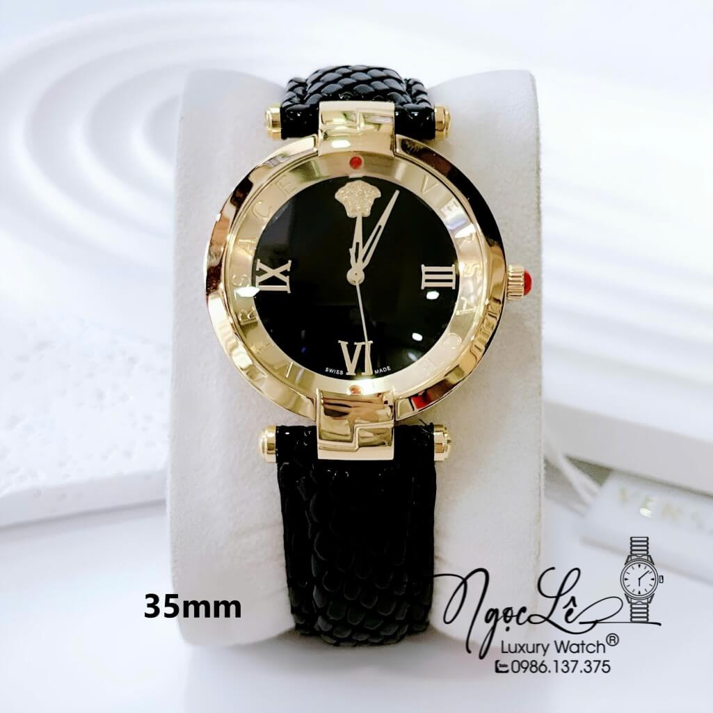 Đồng Hồ Nữ Versace Revive Dây Da Đen Mặt Đen Vỏ Vàng Size 35mm Máy Thụy Sĩ
