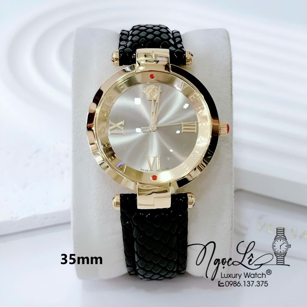 Đồng Hồ Nữ Versace Revive Dây Da Đen Mặt Xám Vàng Size 35mm Máy Thụy Sĩ