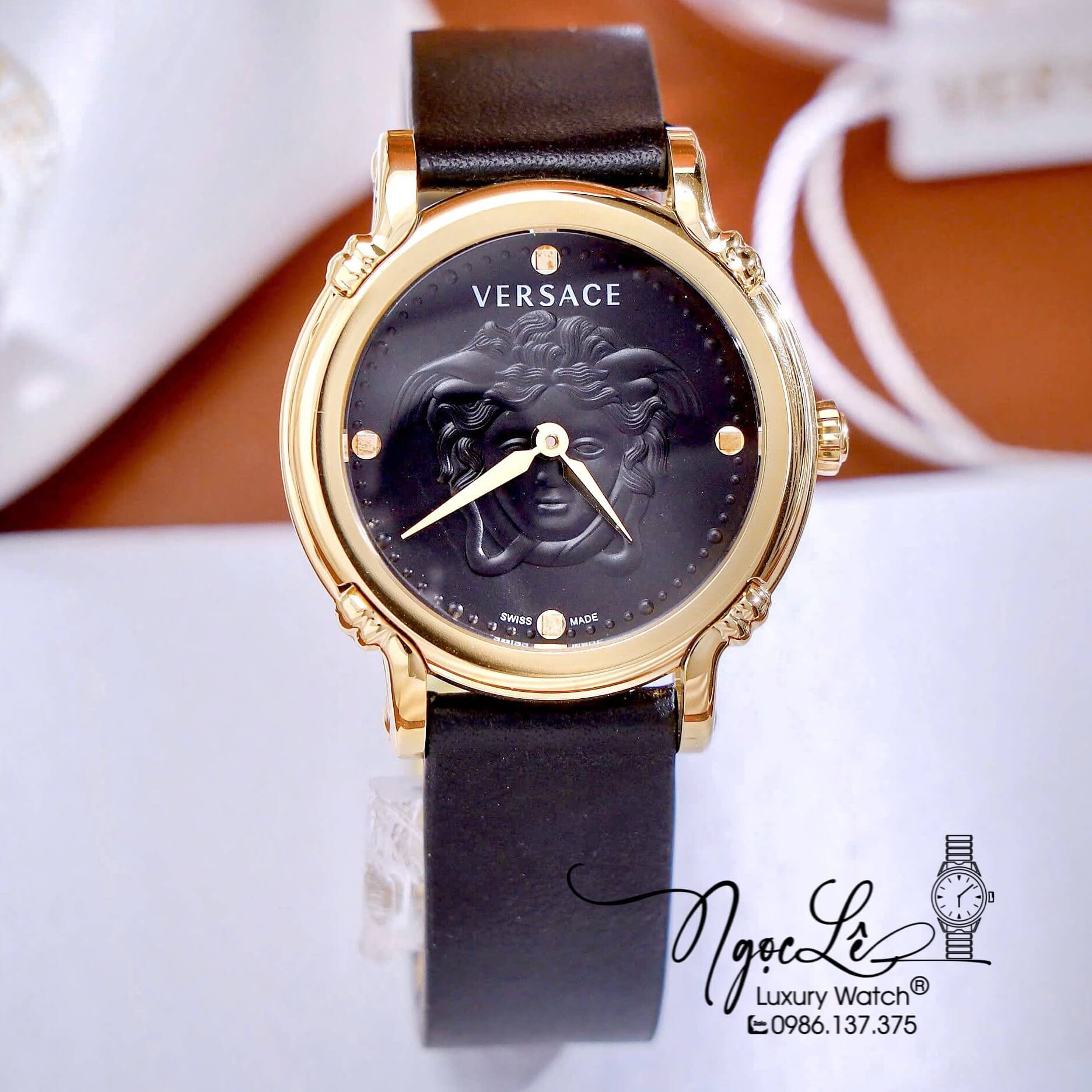 Đồng Hồ Nữ Versace Safety Dây Da Đen Vỏ Gold Máy Pin Size 34mm