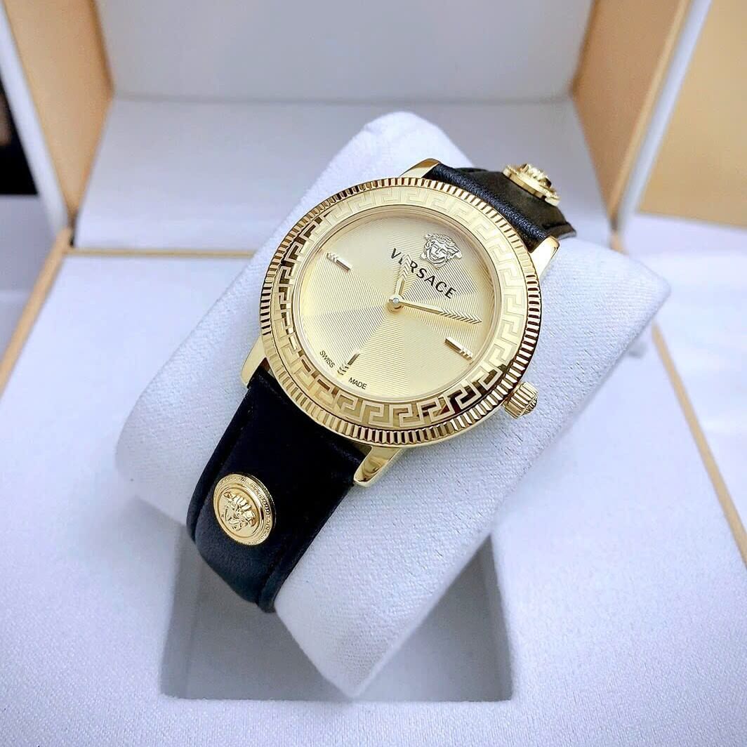 Đồng Hồ Nữ Versace Tribute Dây Da Đen Mặt Vàng Vỏ Vàng Gold Size 35mm - Quartz Japan