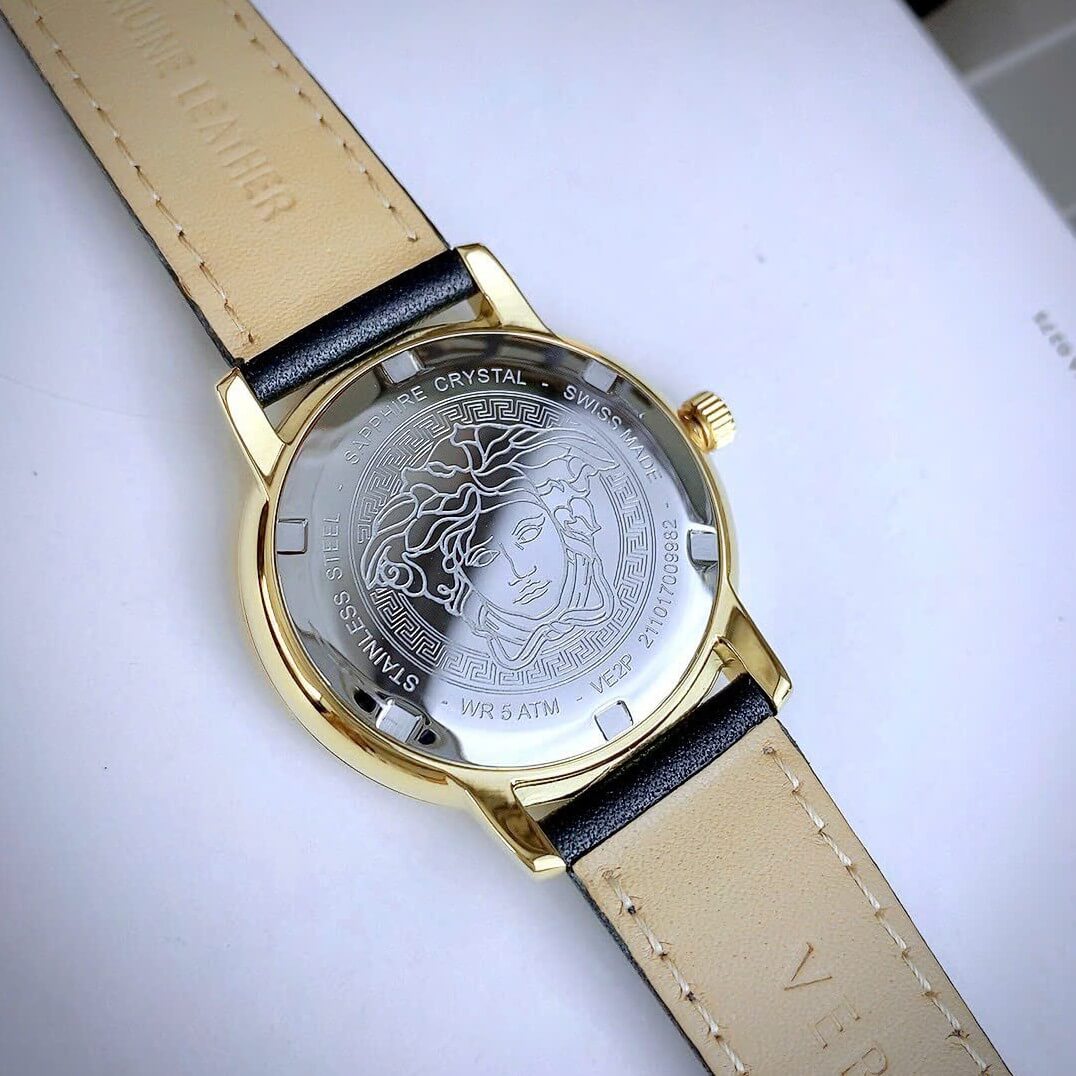 Đồng Hồ Nữ Versace Tribute Dây Da Đen Mặt Vàng Vỏ Vàng Gold Size 35mm - Quartz Japan