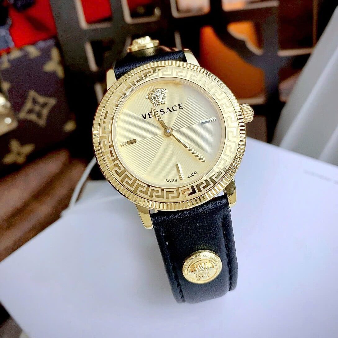 Đồng Hồ Nữ Versace Tribute Dây Da Đen Mặt Vàng Vỏ Vàng Gold Size 35mm - Quartz Japan