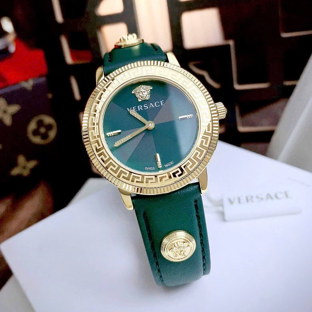 Đồng Hồ Nữ Versace Tribute Dây Da Xanh Mặt Xanh Vỏ Vàng Gold Size 35mm - Quartz Japan
