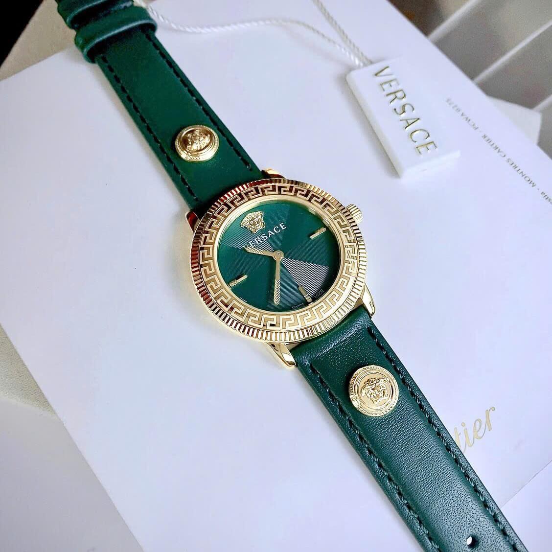 Đồng Hồ Nữ Versace Tribute Dây Da Xanh Mặt Xanh Vỏ Vàng Gold Size 35mm - Quartz Japan