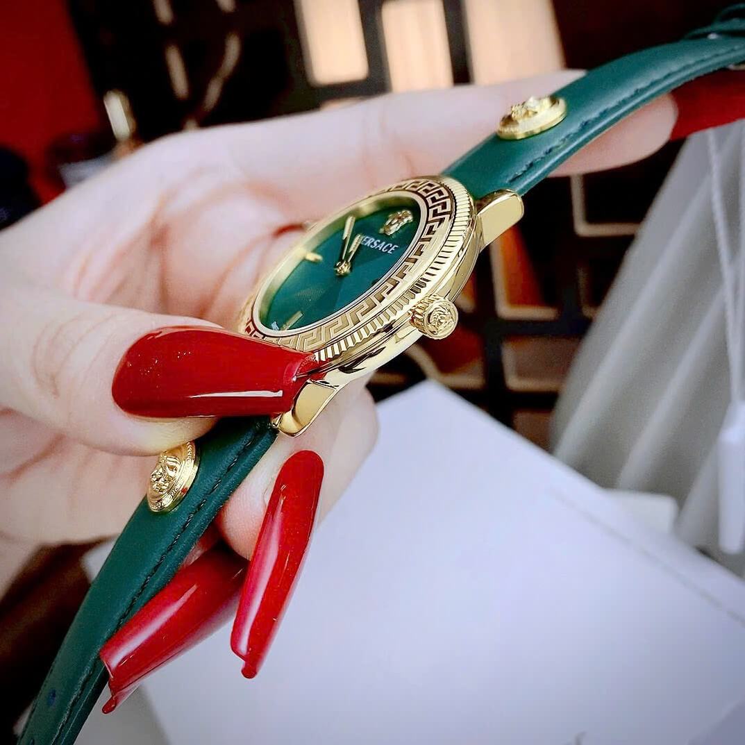 Đồng Hồ Nữ Versace Tribute Dây Da Xanh Mặt Xanh Vỏ Vàng Gold Size 35mm - Quartz Japan