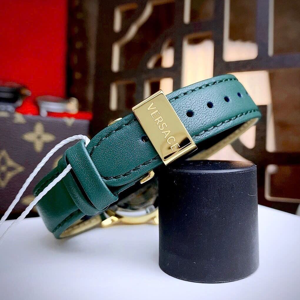 Đồng Hồ Nữ Versace Tribute Dây Da Xanh Mặt Xanh Vỏ Vàng Gold Size 35mm - Quartz Japan