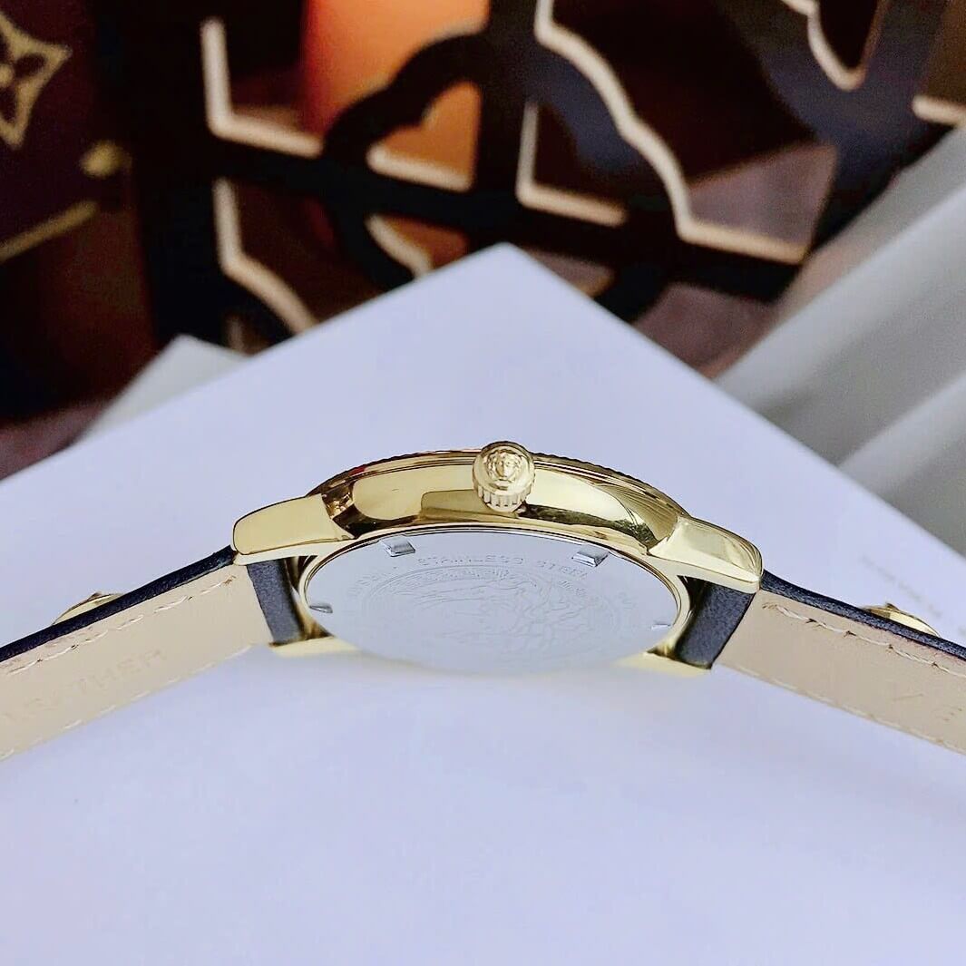 Đồng Hồ Nữ Versace Tribute Dây Da Đen Mặt Đen Vỏ Vàng Gold Size 35mm - Quartz Japan