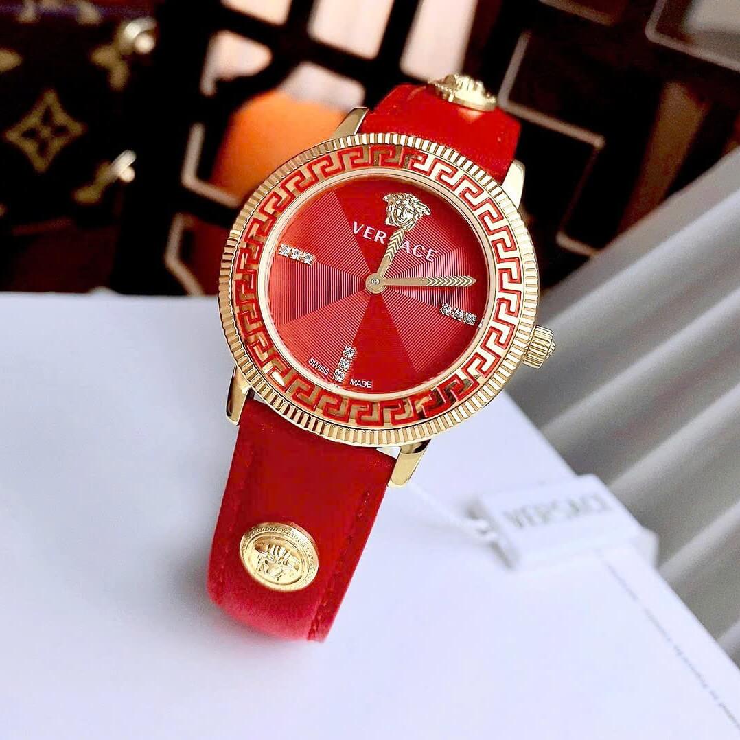 Đồng Hồ Nữ Versace Tribute Dây Da Đỏ Mặt Đỏ Vỏ Vàng Gold Size 35mm - Quartz Japan