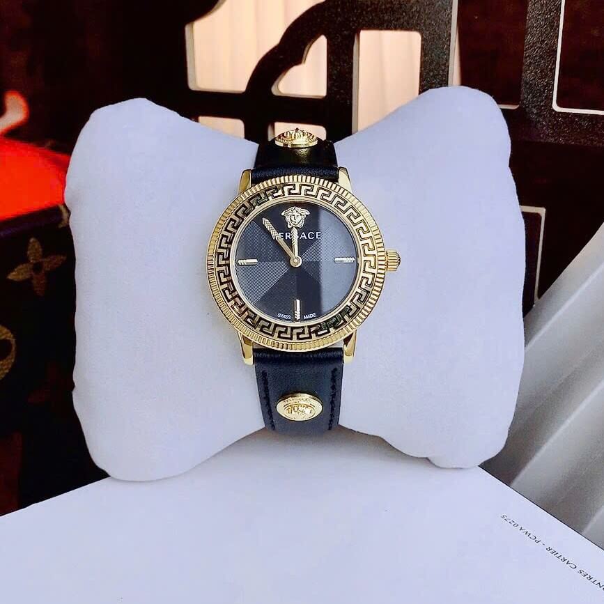 Đồng Hồ Nữ Versace Tribute Dây Da Đen Mặt Đen Vỏ Vàng Gold Size 35mm - Quartz Japan