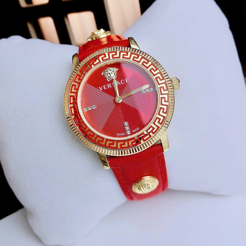 Đồng Hồ Nữ Versace Tribute Dây Da Đỏ Mặt Đỏ Vỏ Vàng Gold Size 35mm - Quartz Japan