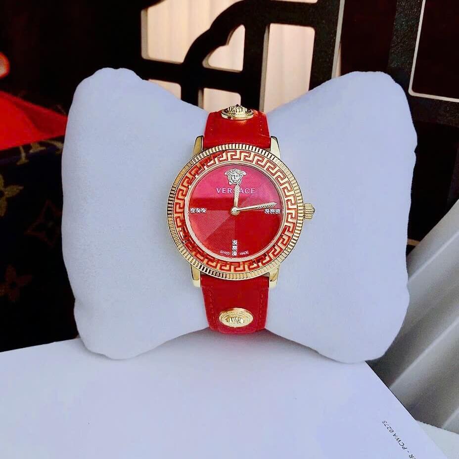 Đồng Hồ Nữ Versace Tribute Dây Da Đỏ Mặt Đỏ Vỏ Vàng Gold Size 35mm - Quartz Japan