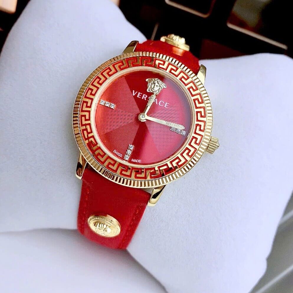 Đồng Hồ Nữ Versace Tribute Dây Da Đỏ Mặt Đỏ Vỏ Vàng Gold Size 35mm - Quartz Japan