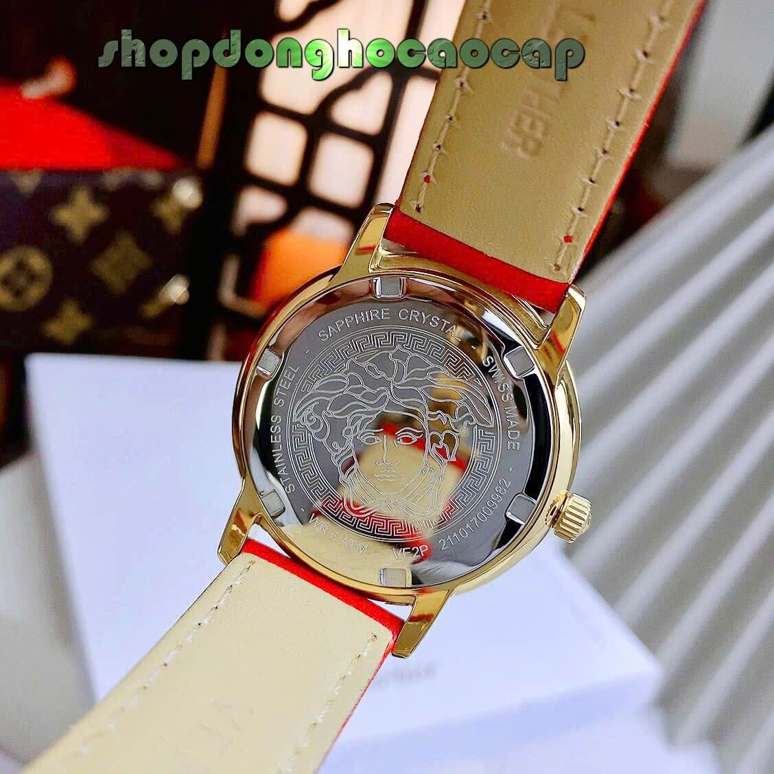 Đồng Hồ Nữ Versace Tribute Dây Da Đỏ Mặt Đỏ Vỏ Vàng Gold Size 35mm - Quartz Japan