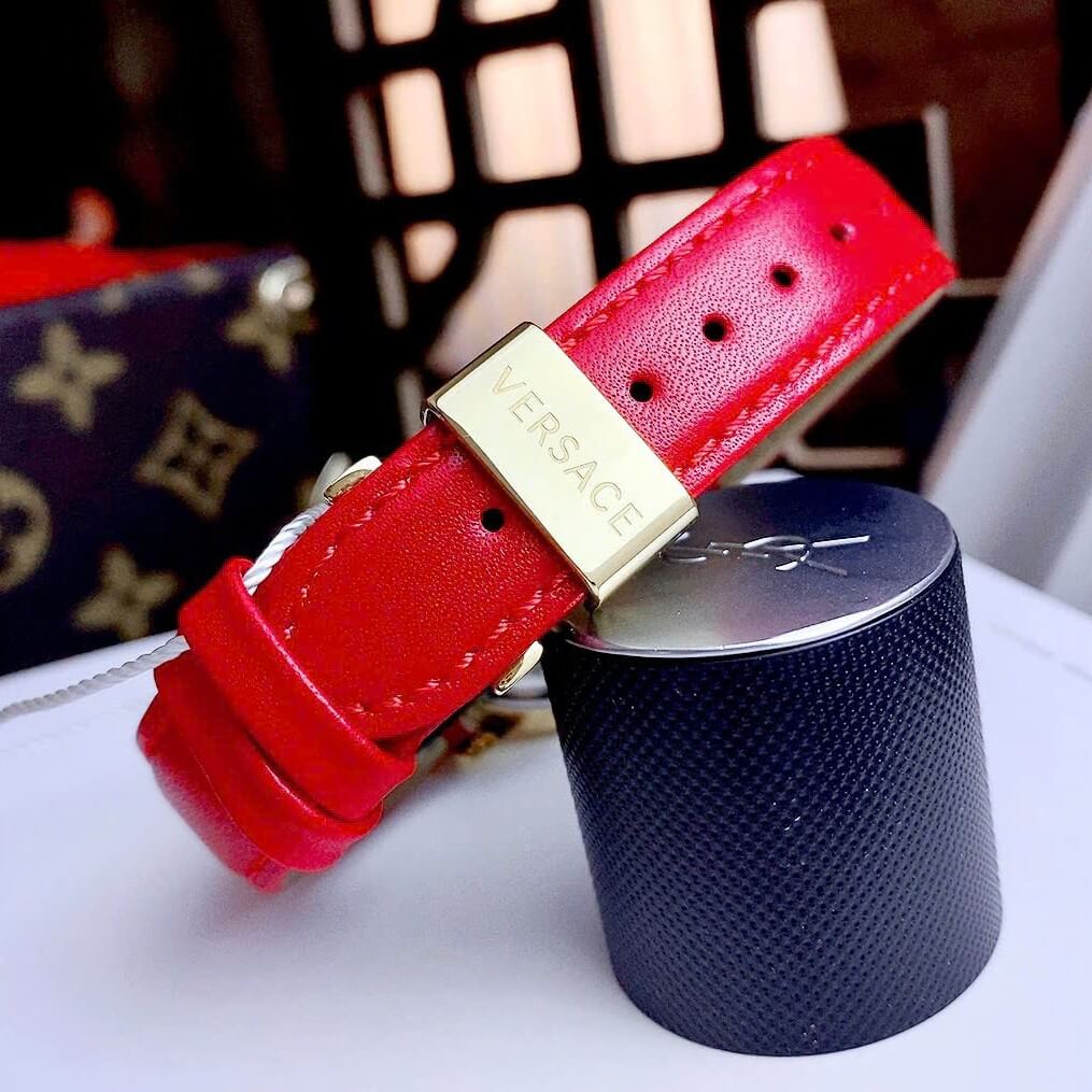 Đồng Hồ Nữ Versace Tribute Dây Da Đỏ Mặt Đỏ Vỏ Vàng Gold Size 35mm - Quartz Japan