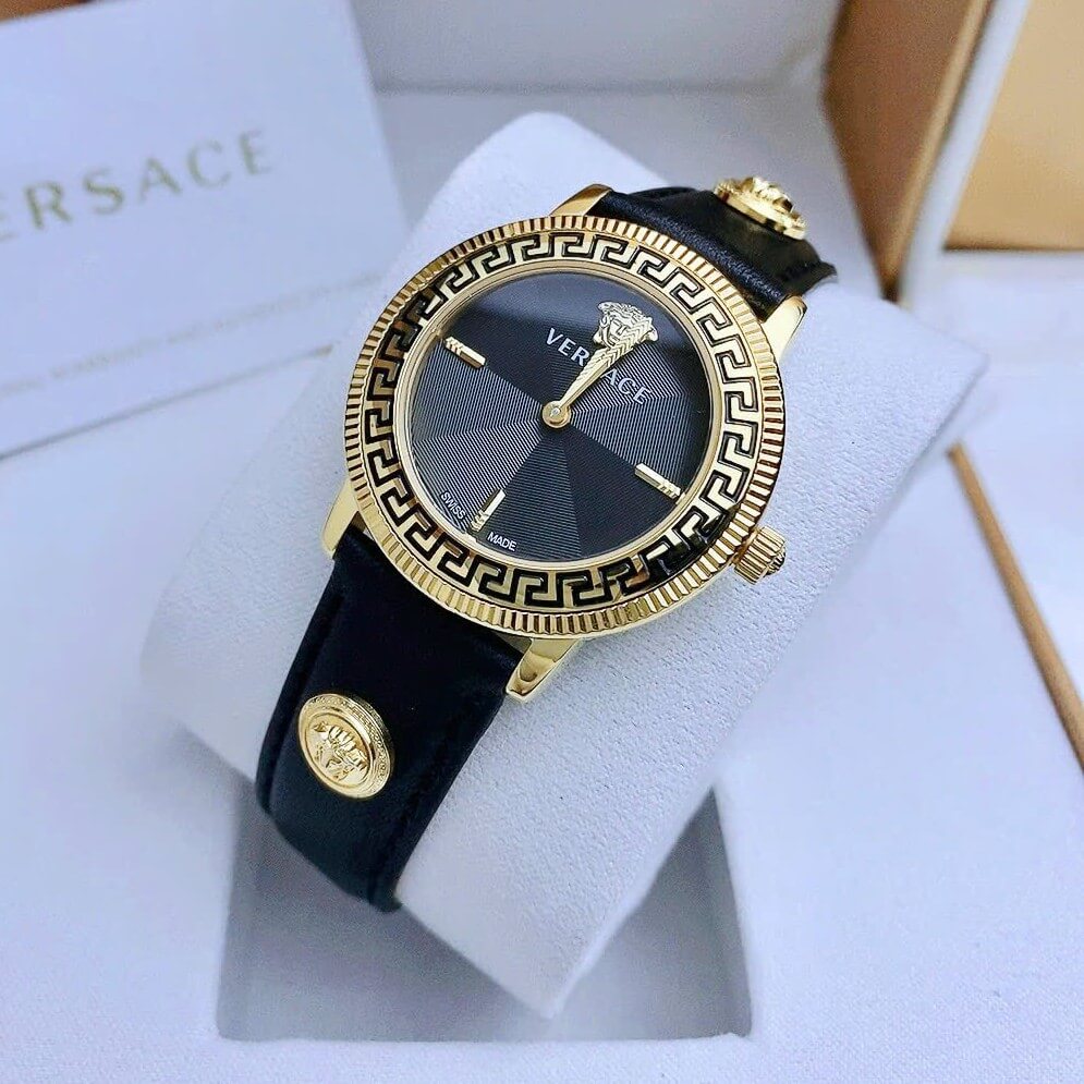 Đồng Hồ Nữ Versace Tribute Dây Da Đen Mặt Đen Vỏ Vàng Gold Size 35mm - Quartz Japan