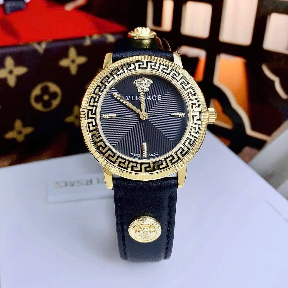 Đồng Hồ Nữ Versace Tribute Dây Da Đen Mặt Đen Vỏ Vàng Gold Size 35mm - Quartz Japan