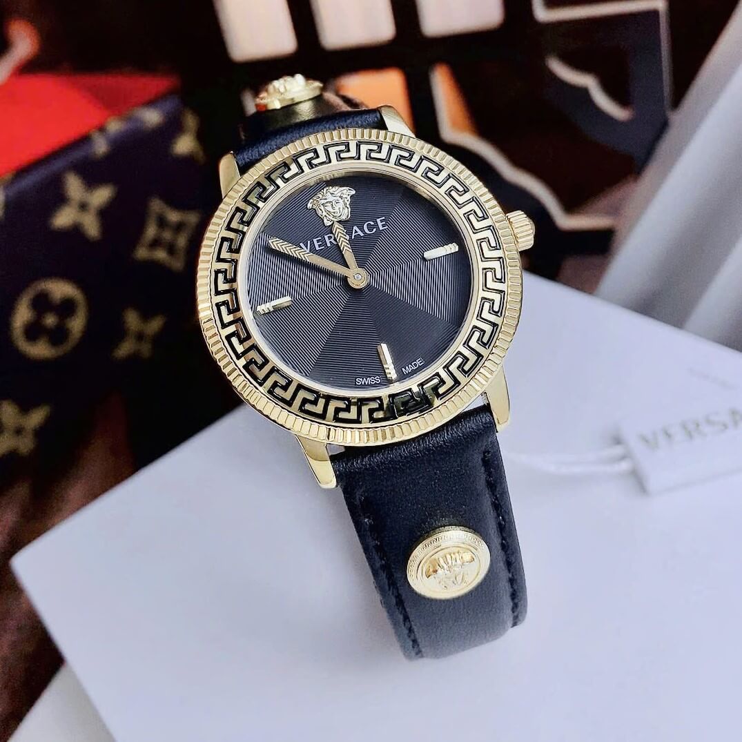 Đồng Hồ Nữ Versace Tribute Dây Da Đen Mặt Đen Vỏ Vàng Gold Size 35mm - Quartz Japan