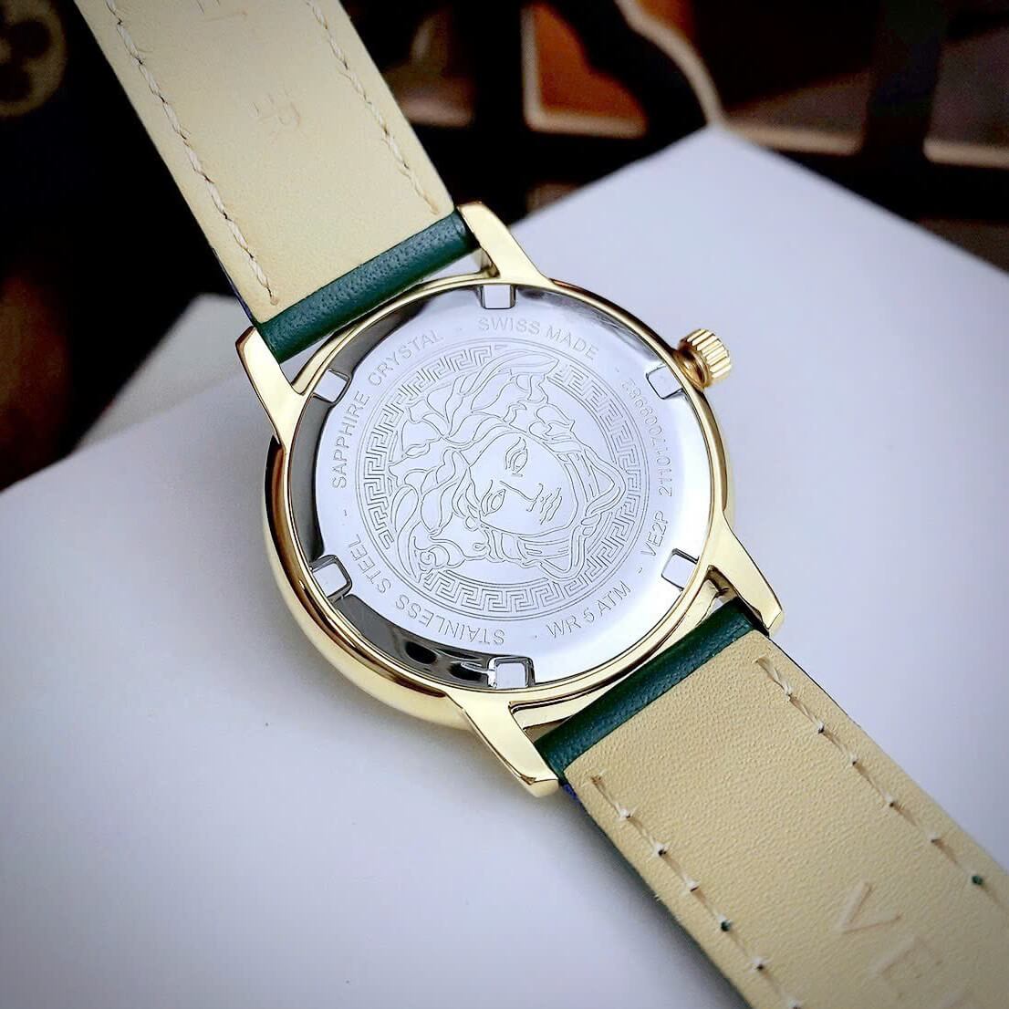 Đồng Hồ Nữ Versace Tribute Dây Da Xanh Mặt Xanh Vỏ Vàng Gold Size 35mm - Quartz Japan