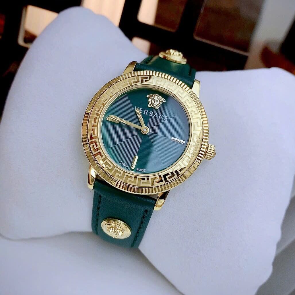 Đồng Hồ Nữ Versace Tribute Dây Da Xanh Mặt Xanh Vỏ Vàng Gold Size 35mm - Quartz Japan
