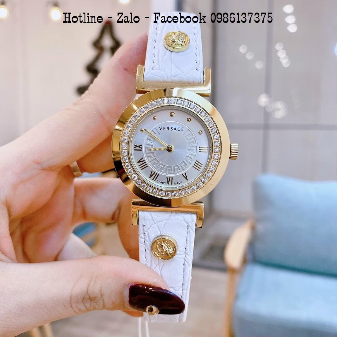 Đồng Hồ Nữ Versace Vanity Dây Da Trắng Đính Đá 35mm