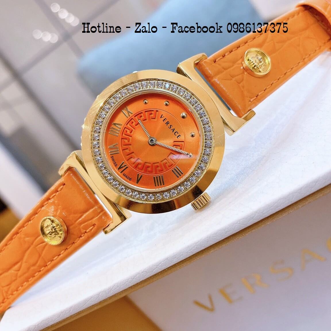 Đồng Hồ Nữ Versace Vanity Dây Da Cam Đính Đá 35mm