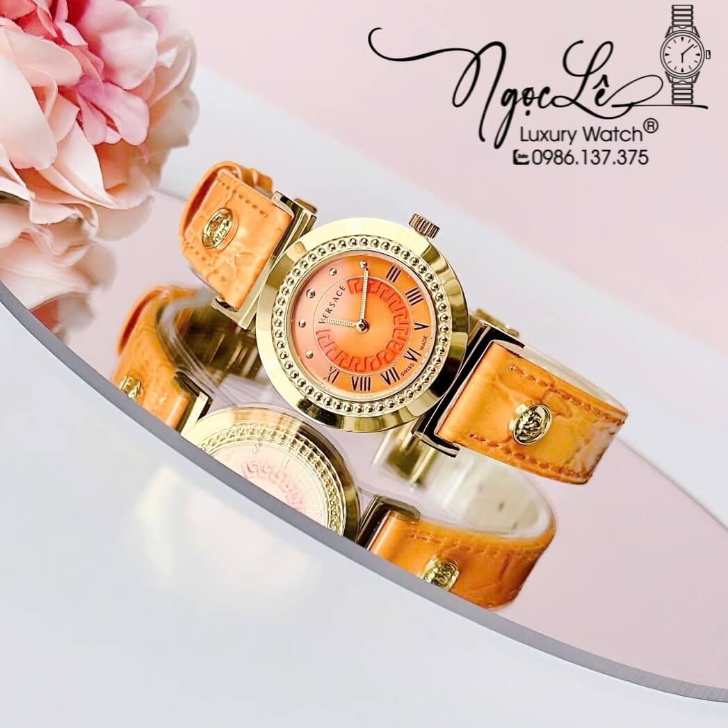 Đồng Hồ Nữ Versace Vanity Dây Da Màu Cam Máy Thụy Sĩ Size 35mm