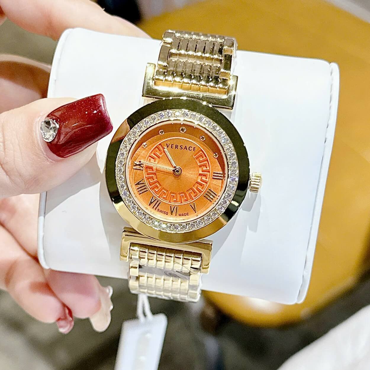 Đồng hồ Versace nữ dây thép vàng mặt cam, Versace Vanity Thụy Sĩ size 35mm - Quartz