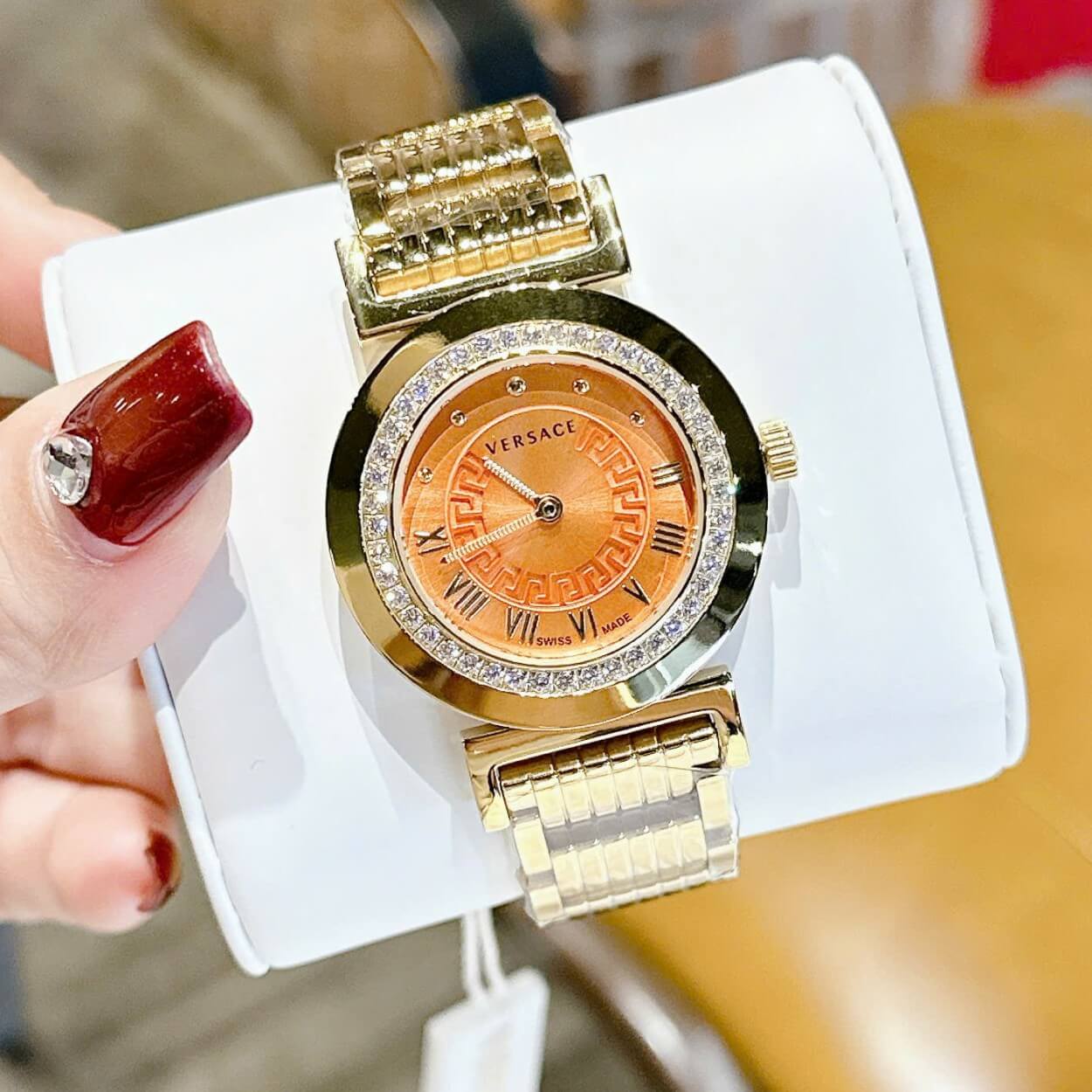Đồng hồ Versace nữ dây thép vàng mặt cam, Versace Vanity Thụy Sĩ size 35mm - Quartz