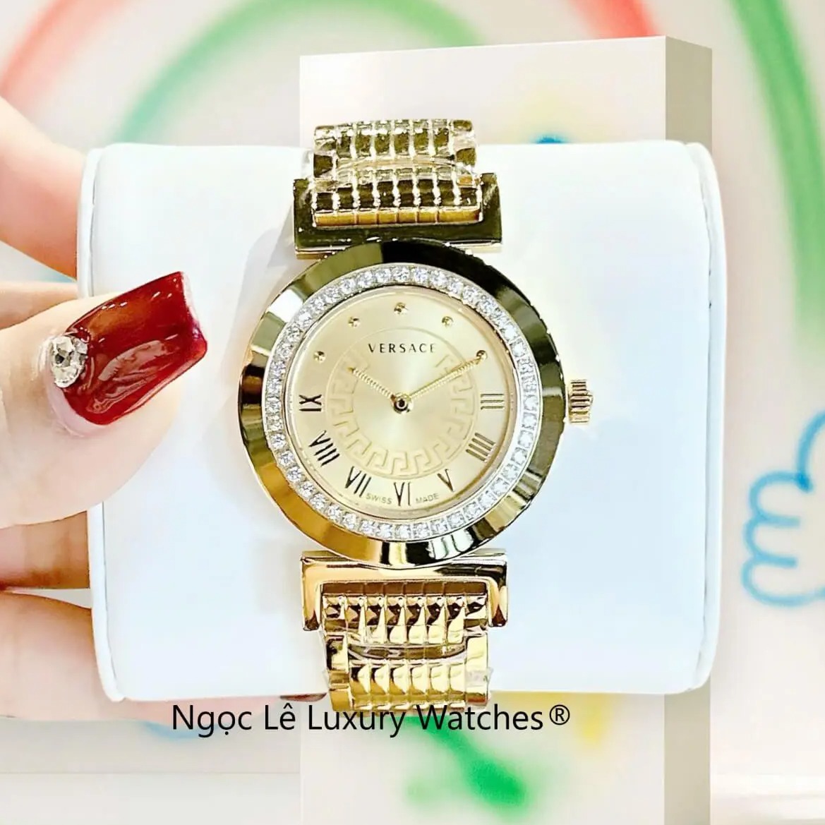 Đồng hồ Versace nữ dây thép vàng mặt vàng, Versace Vanity Thụy Sĩ size 35mm - Quartz