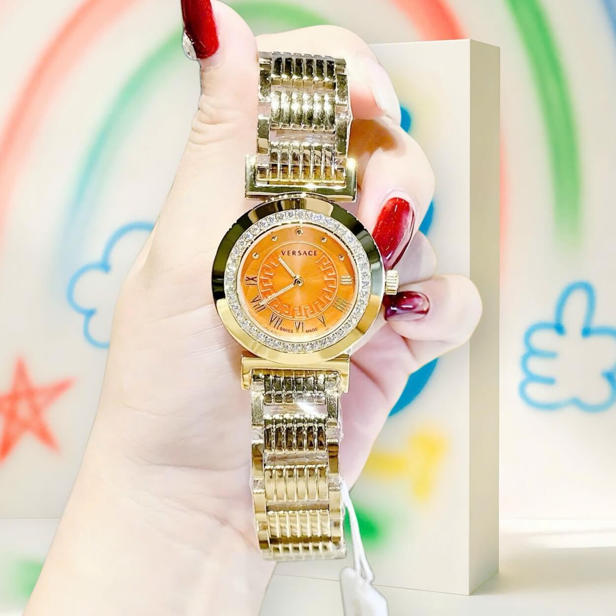Đồng hồ Versace nữ dây thép vàng mặt cam, Versace Vanity Thụy Sĩ size 35mm - Quartz