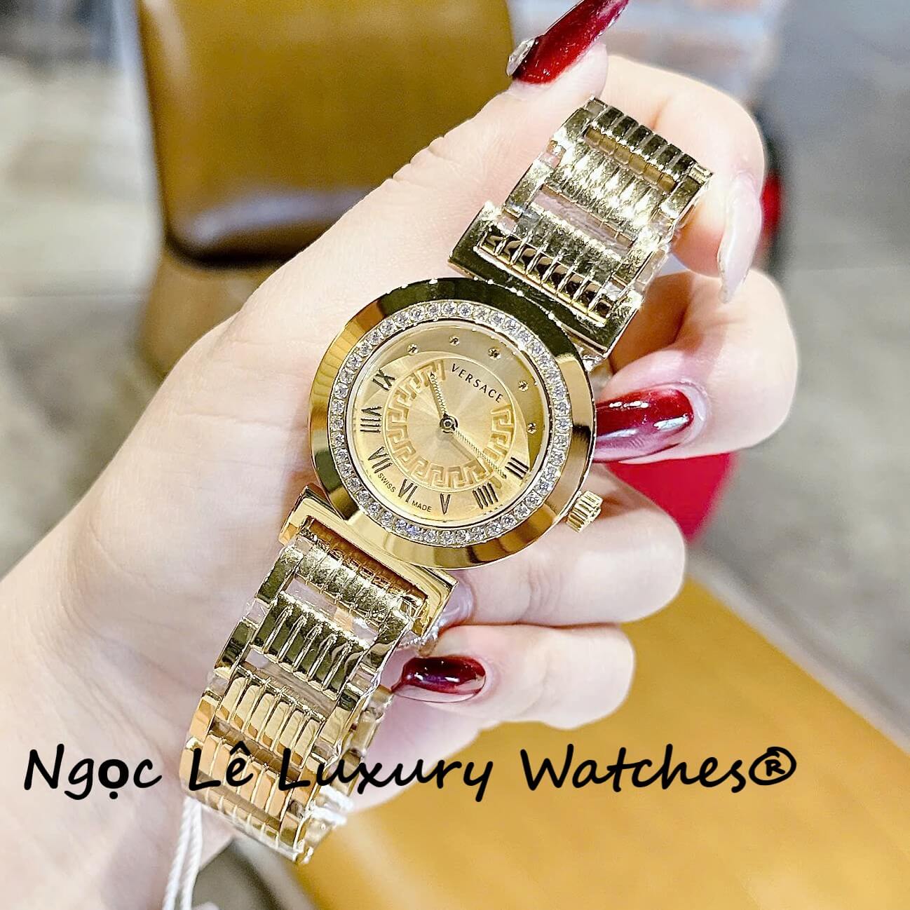 Đồng hồ Versace nữ dây thép vàng mặt vàng, Versace Vanity Thụy Sĩ size 35mm - Quartz