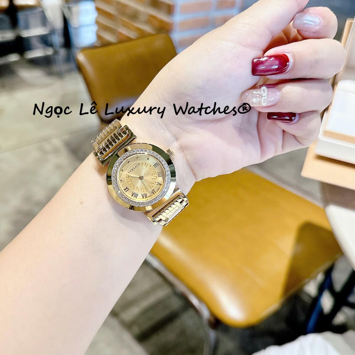 Đồng hồ Versace nữ dây thép vàng mặt vàng, Versace Vanity Thụy Sĩ size 35mm - Quartz