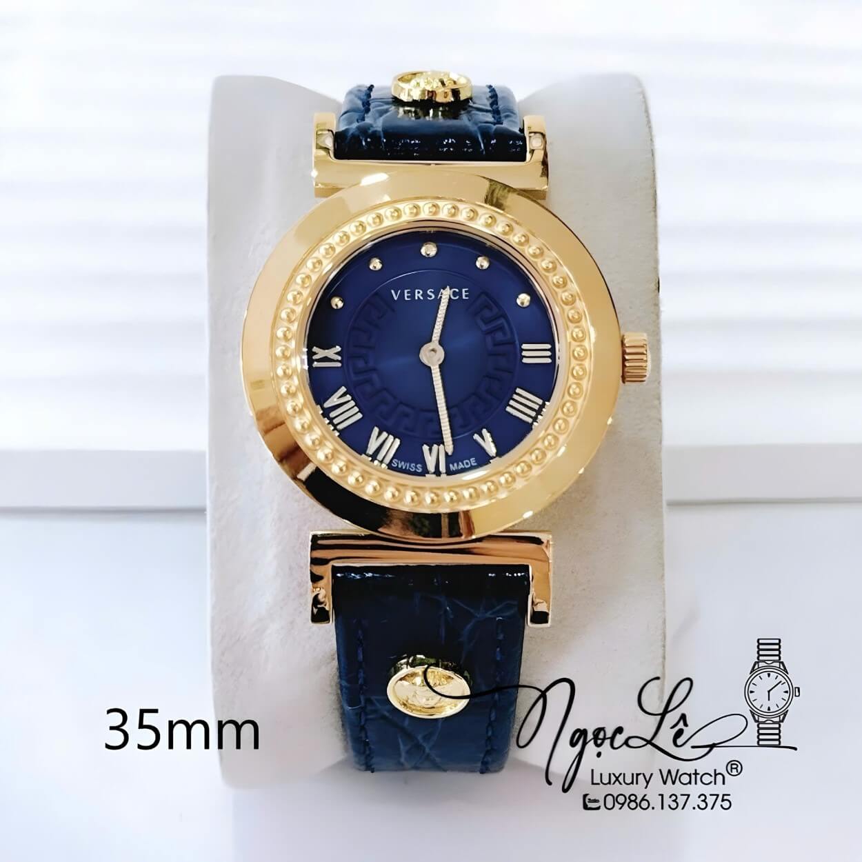 Đồng Hồ Nữ Versace Vanity Máy Thụy Sĩ Dây Da Xanh Dương Đậm Size 35mm