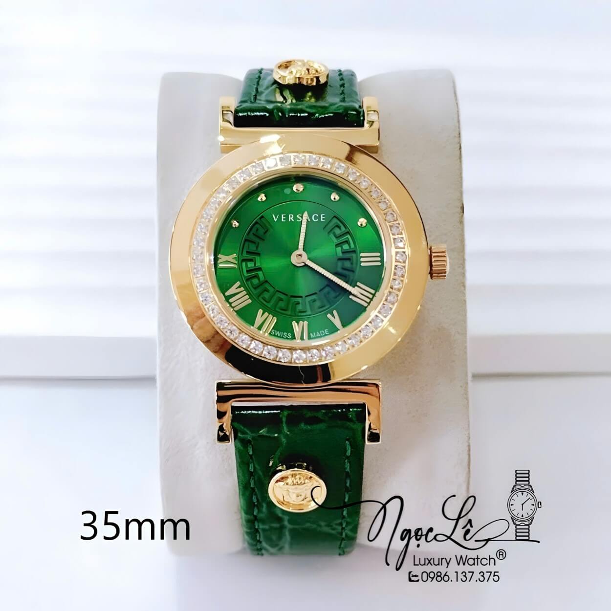 Đồng Hồ Nữ Versace Vanity Máy Thụy Sĩ Dây Da Xanh Lá Đính Đá Size 35mm