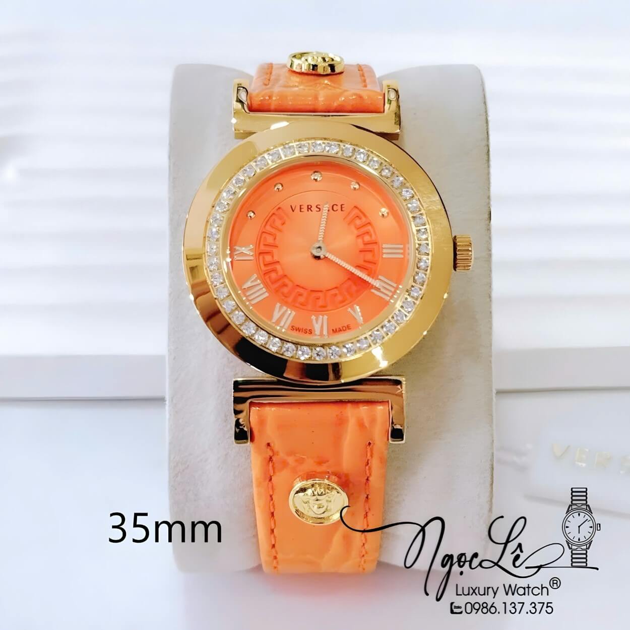 Đồng Hồ Nữ Versace Vanity Máy Thụy Sĩ Dây Da Cam Đính Đá Size 35mm