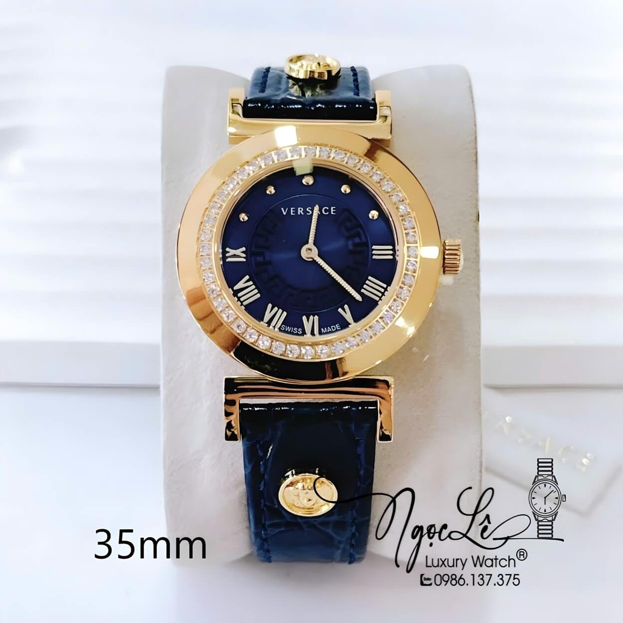 Đồng Hồ Nữ Versace Vanity Máy Thụy Sĩ Dây Da Xanh Dương Đậm Đính Đá Size 35mm