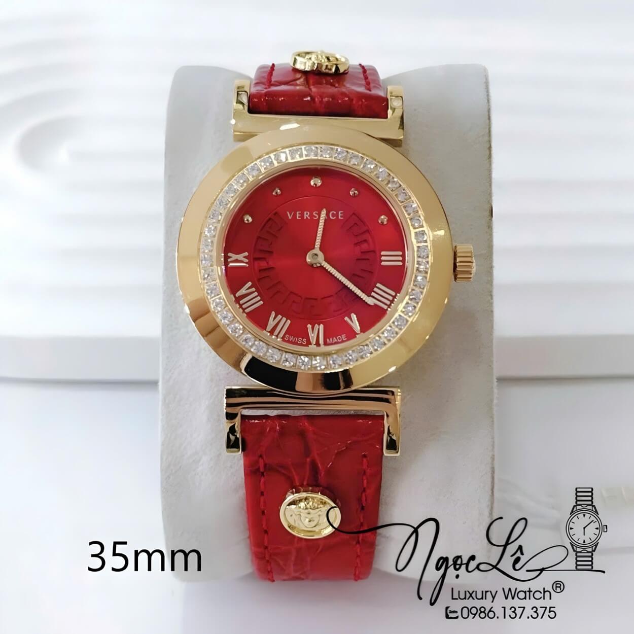 Đồng Hồ Nữ Versace Vanity Máy Thụy Sĩ Dây Da Đỏ Đính Đá Size 35mm