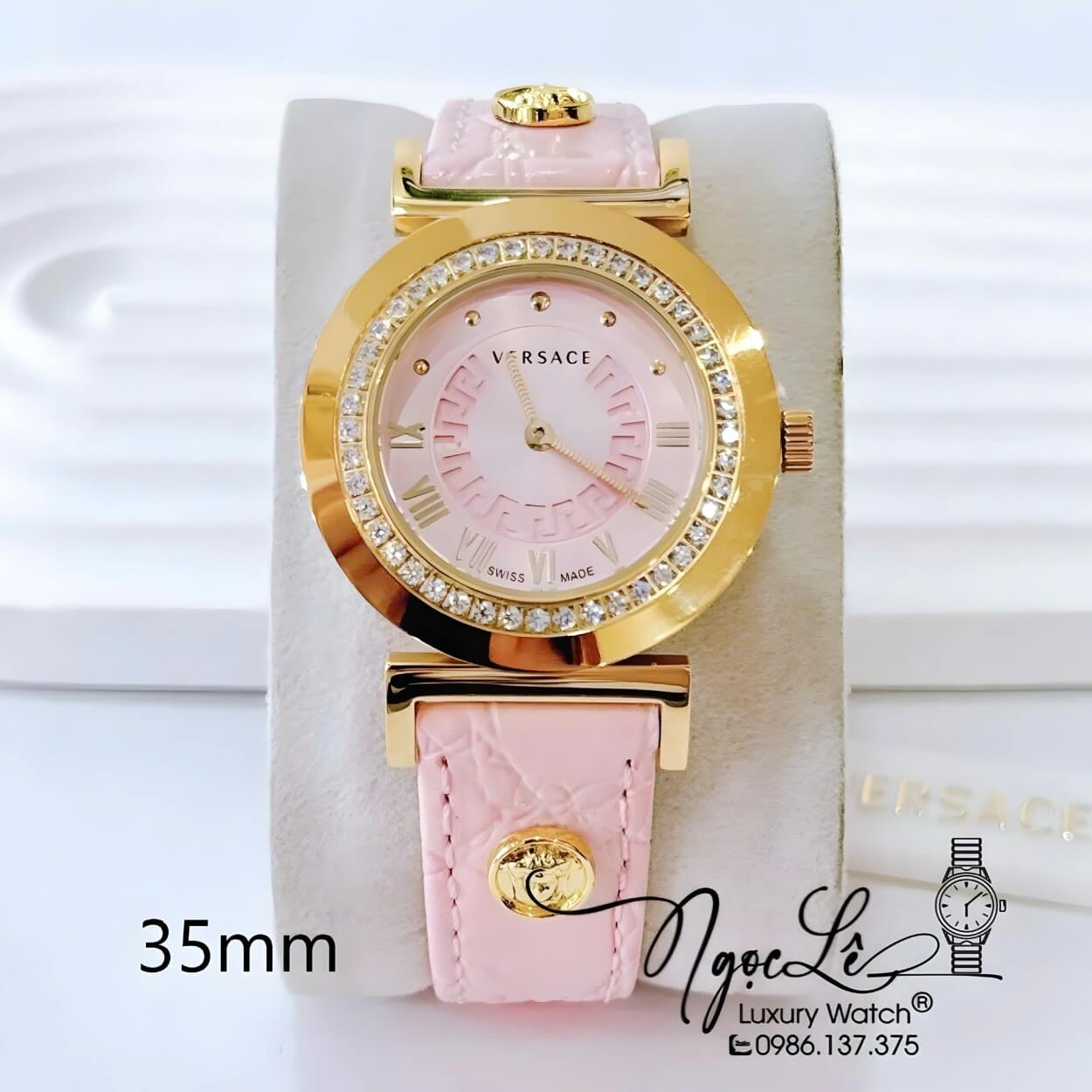 Đồng Hồ Nữ Versace Vanity Máy Thụy Sĩ Dây Da Hồng Đính Đá Size 35mm