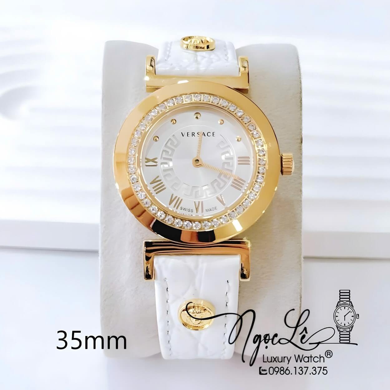 Đồng Hồ Nữ Versace Vanity Máy Thụy Sĩ Dây Da Trắng Đính Đá Size 35mm