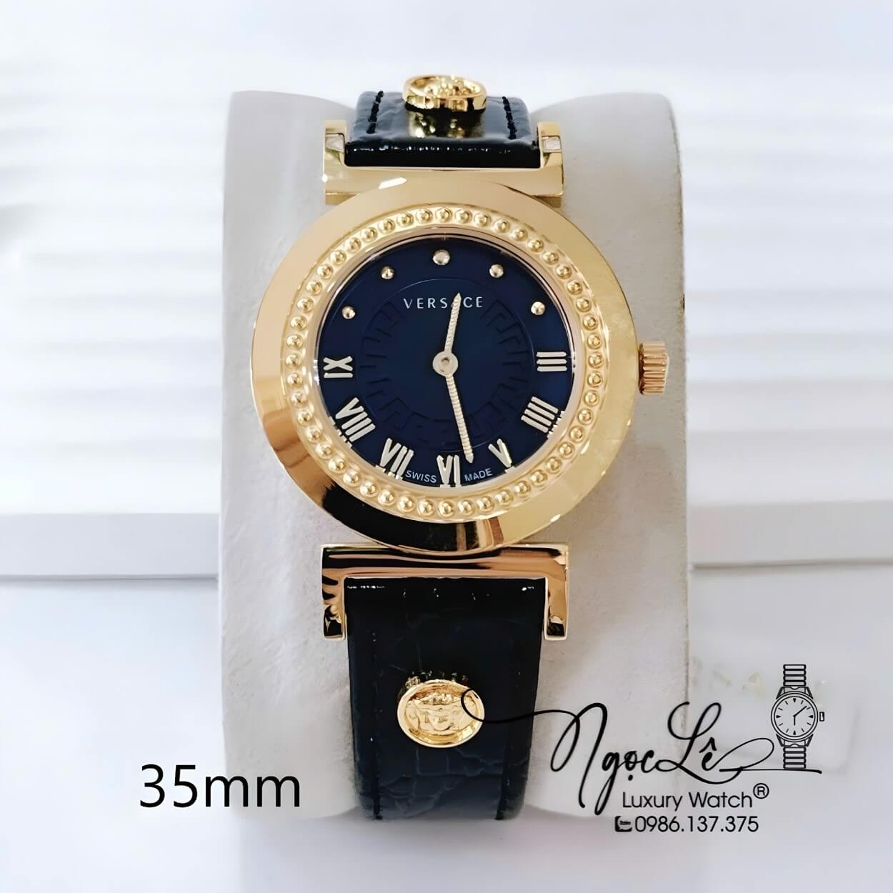 Đồng Hồ Nữ Versace Vanity Máy Thụy Sĩ Dây Da Màu Đen Size 35mm