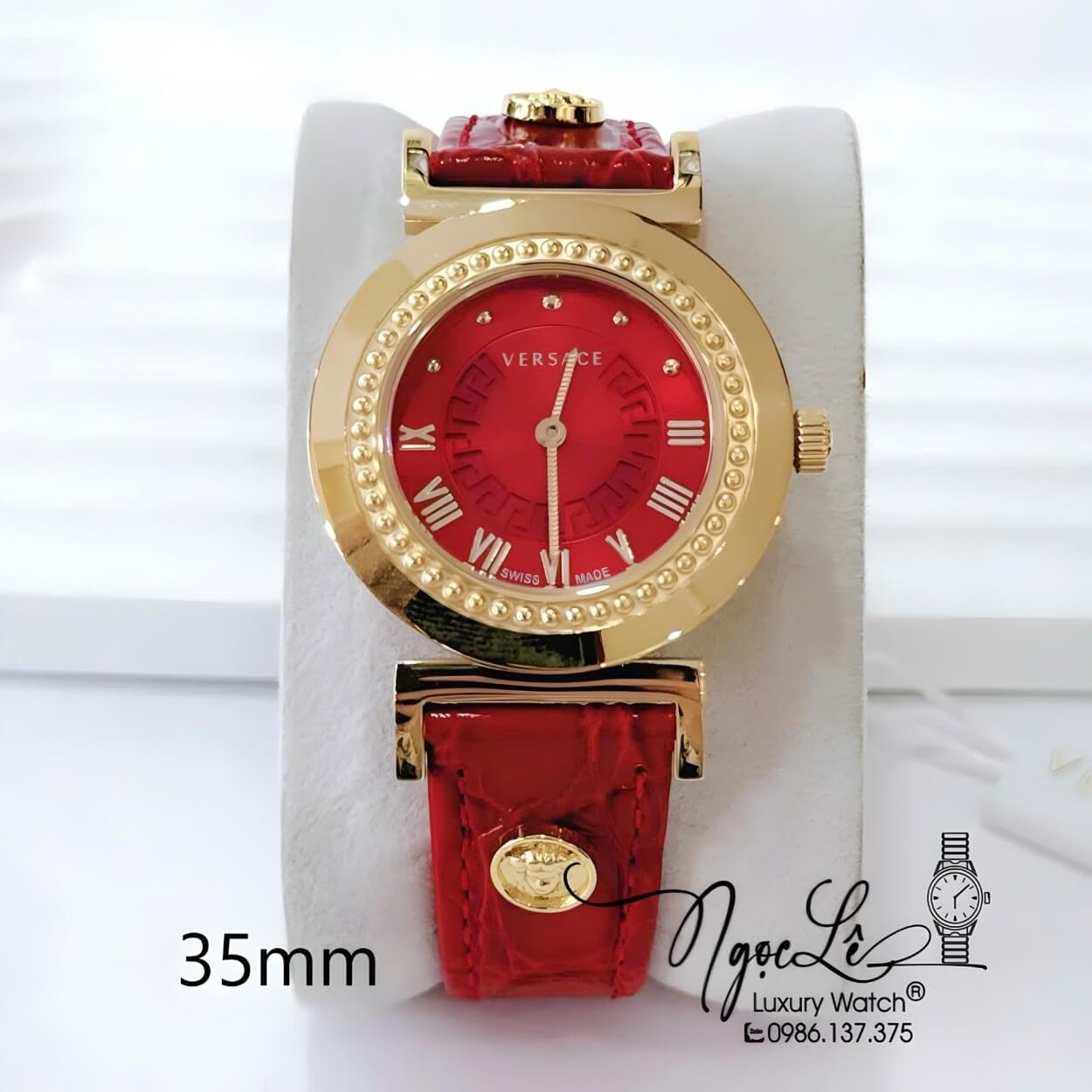 Đồng Hồ Nữ Versace Vanity Máy Thụy Sĩ Dây Da Màu Đỏ Size 35mm