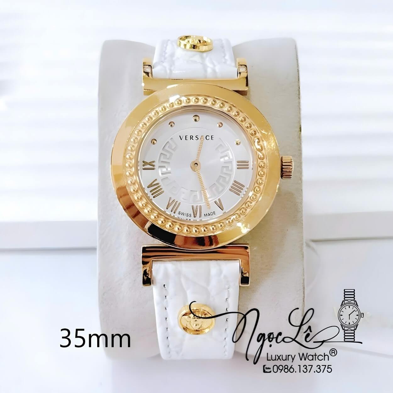 Đồng Hồ Nữ Versace Vanity Máy Thụy Sĩ Dây Da Trắng Size 35mm