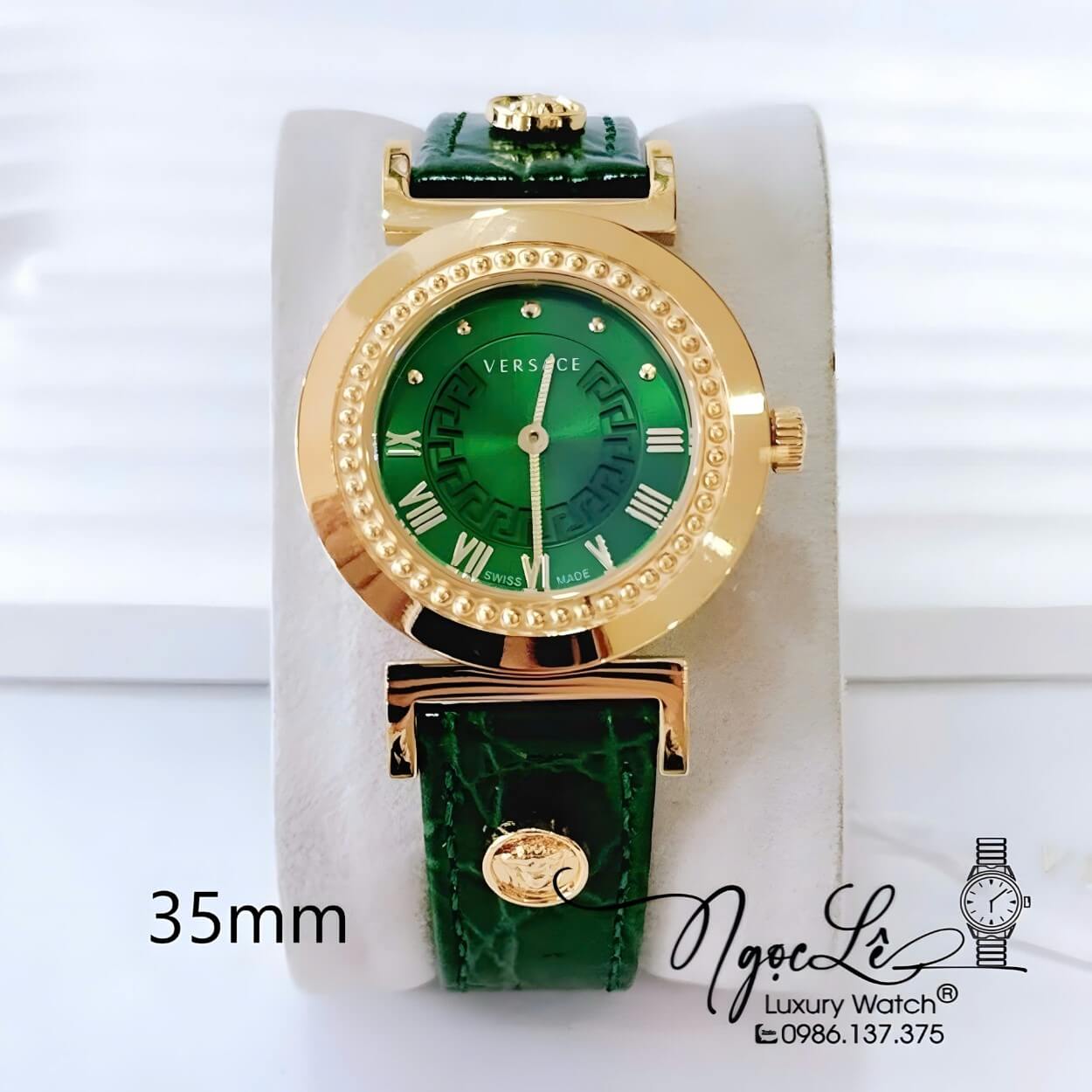 Đồng Hồ Nữ Versace Vanity Máy Thụy Sĩ Dây Da Xanh Lá Size 35mm