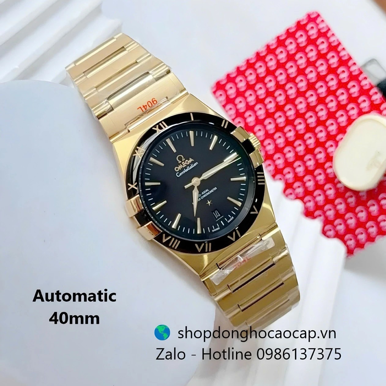 Đồng hồ Omega Constellation dây thép vàng mặt đen size 40mm, đồng hồ nam Omega tự động
