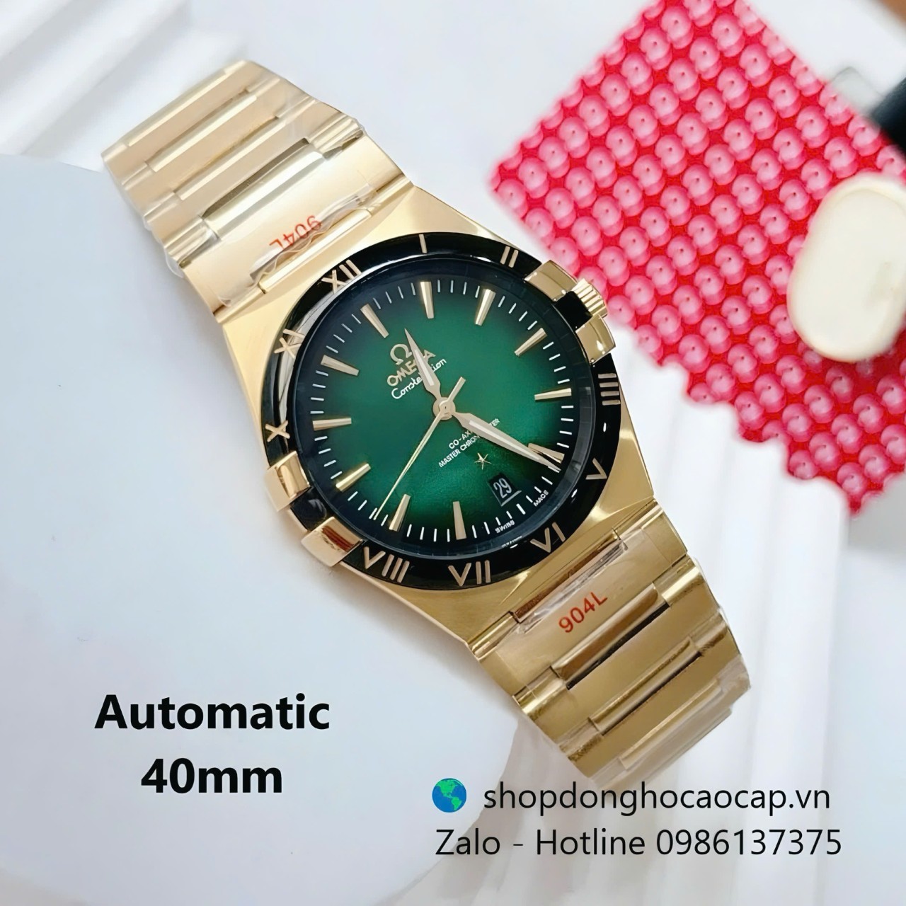 Đồng hồ Omega Constellation dây thép vàng mặt ombre xanh size 40mm, đồng hồ nam Omega tự động