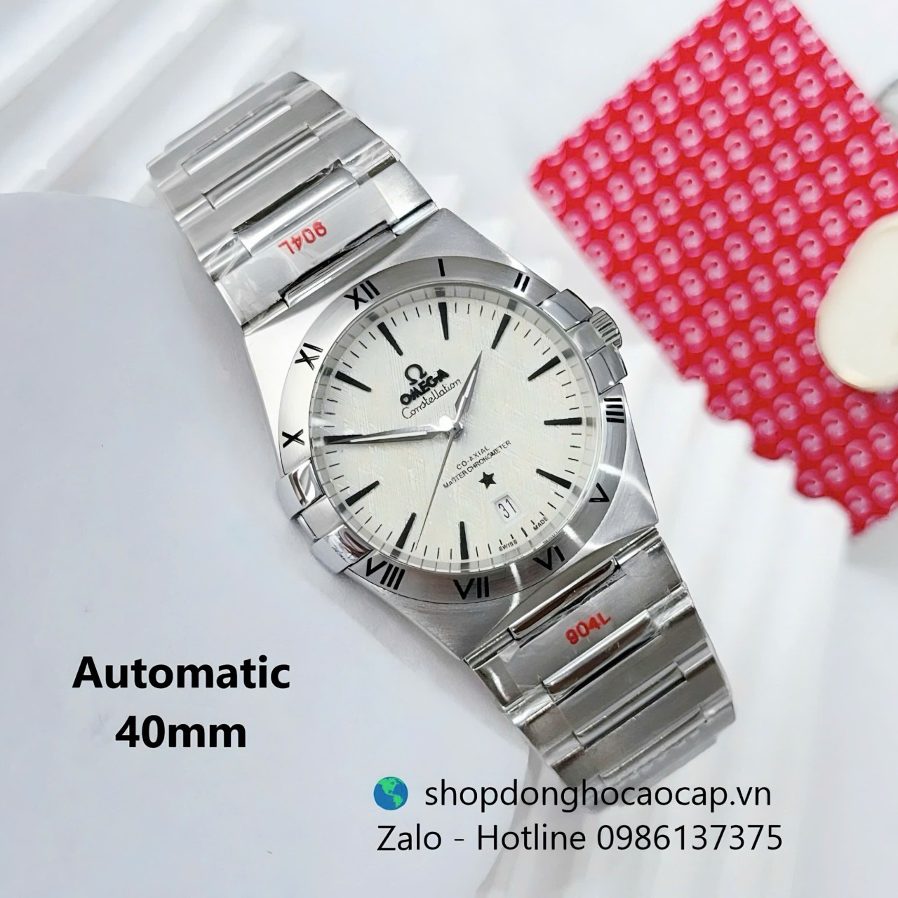 Đồng hồ Omega Constellation dây thép bạc mặt trắng size 40mm, đồng hồ nam Omega tự động