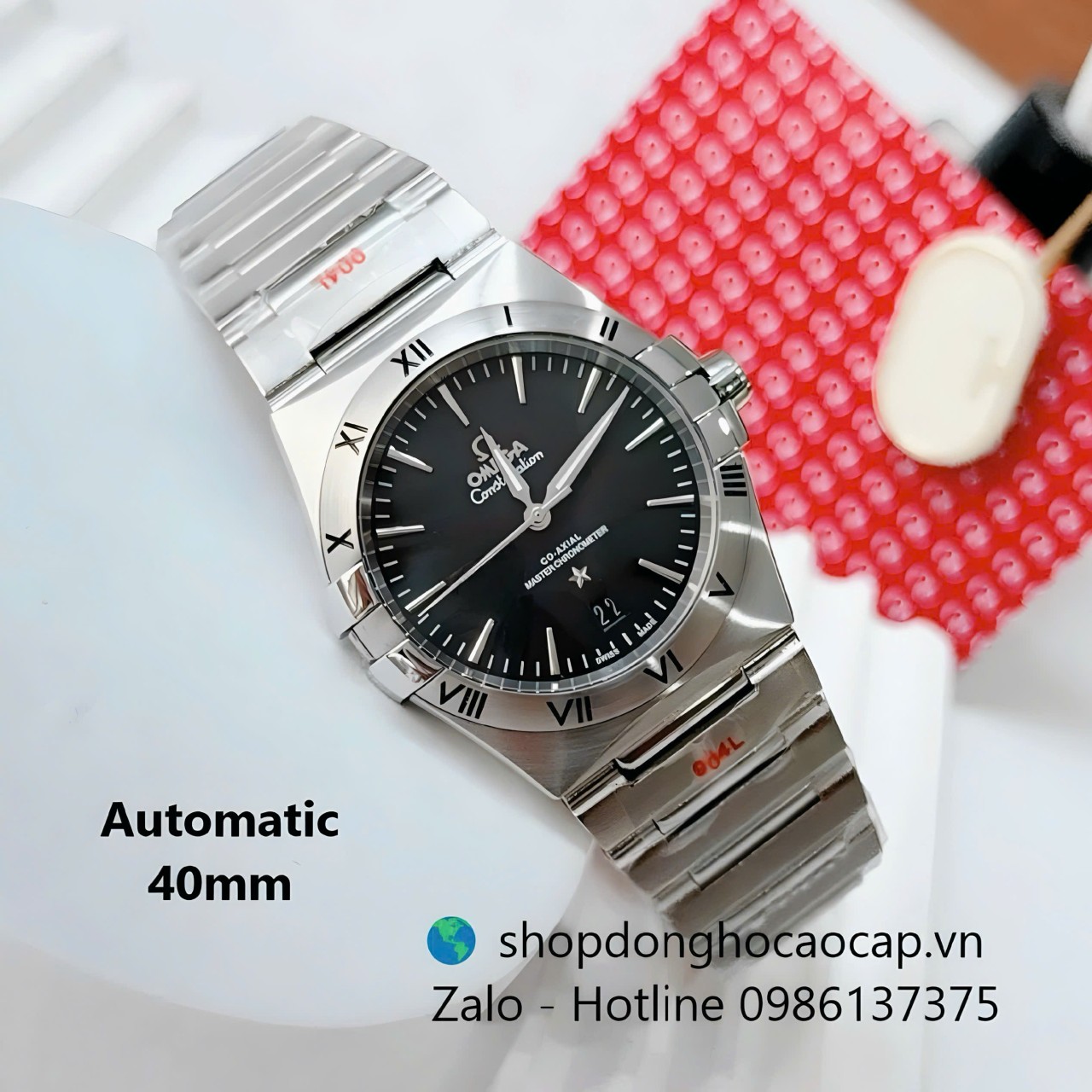 Đồng hồ Omega Constellation dây thép bạc mặt đen size 40mm, đồng hồ nam Omega tự động