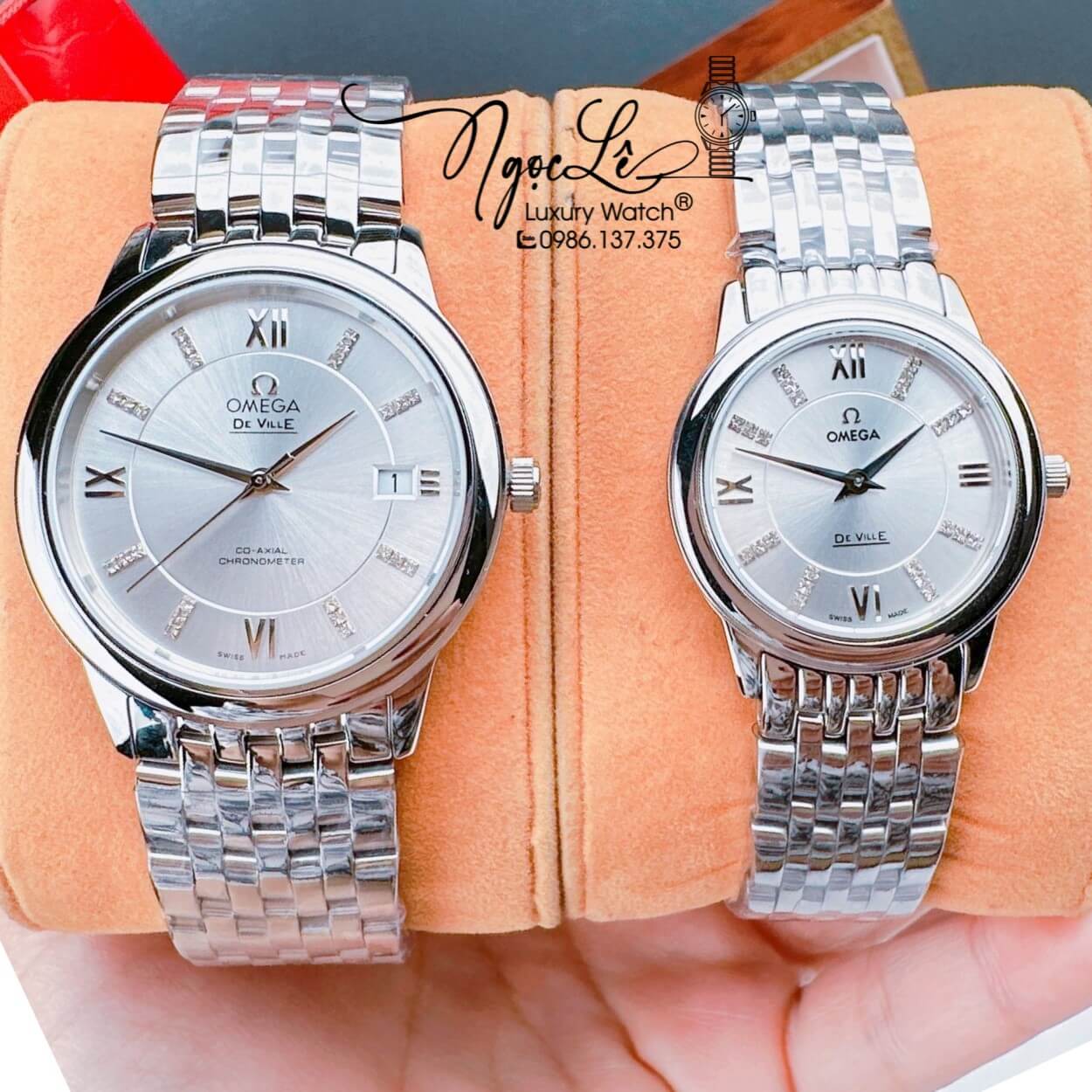 Đồng Hồ Cặp Omega Deville Máy Pin Thụy Sỹ Dây Kim Loại Màu Silver 39mm-30mm