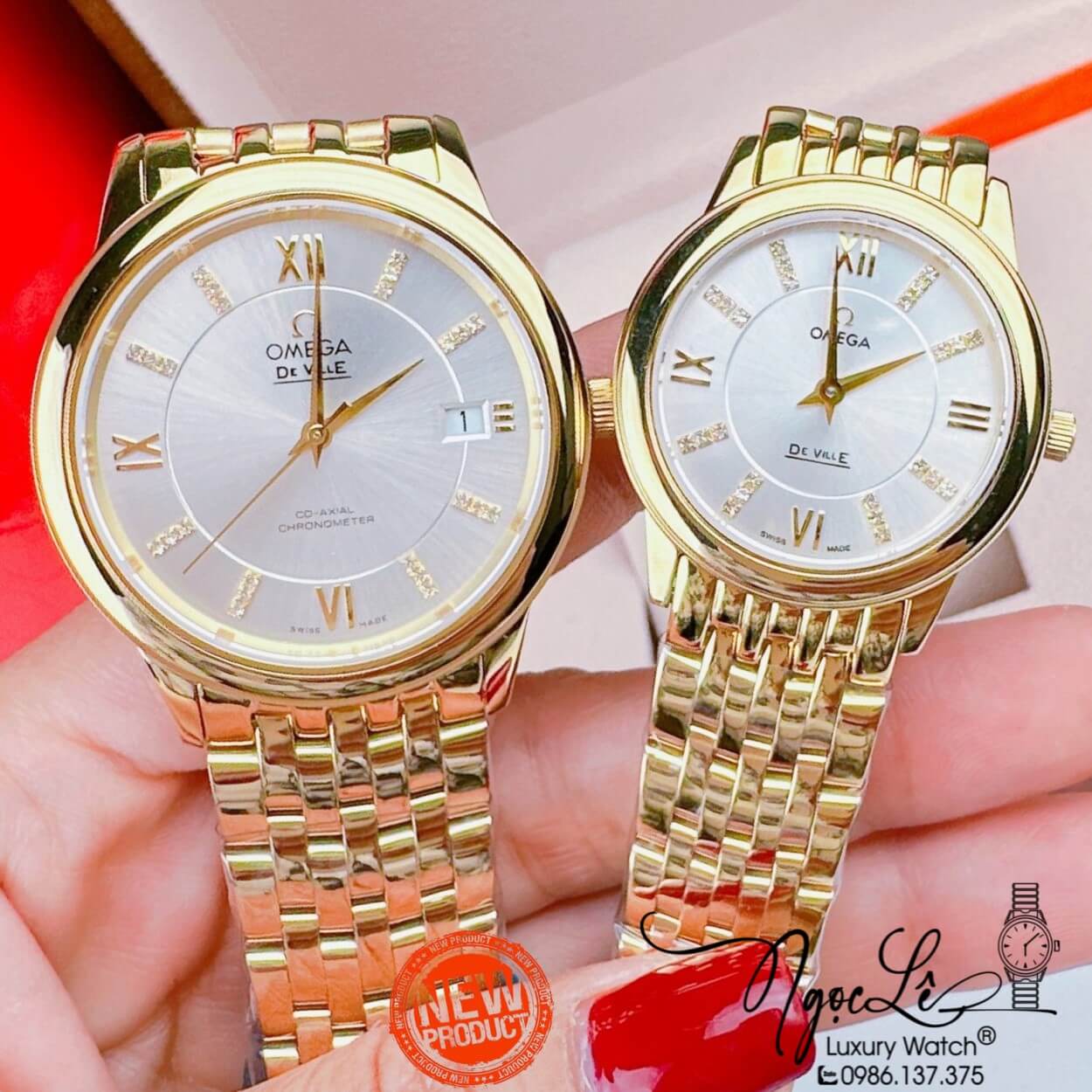 Đồng Hồ Cặp Omega Deville Máy Pin Thụy Sỹ Dây Kim Loại Vàng Mặt Trắng 39mm-30mm