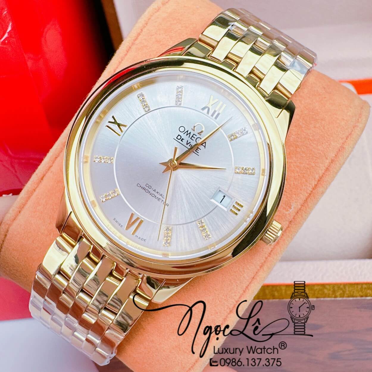 Đồng Hồ Cặp Omega Deville Máy Pin Thụy Sỹ Dây Kim Loại Vàng Mặt Trắng 39mm-30mm